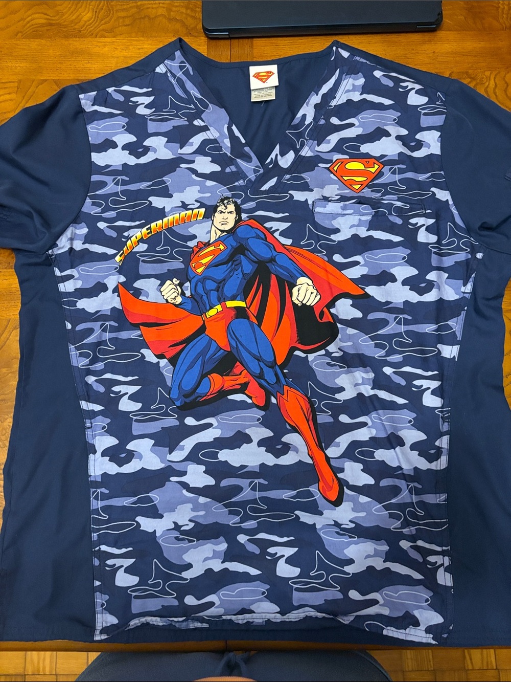 DC Navy Camo Superman Scrub Top with Red Accents